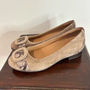 Gorgeous Clarks Tan Suede flats with Taupe Snakeskin Detail❤️7
